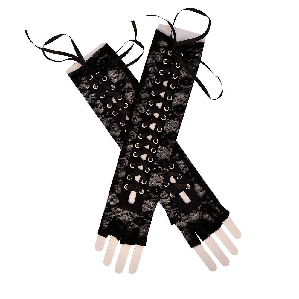 Lolita Lace Studded Tie-Up Half-Finger Cosplay Dance Gloves with Buckle