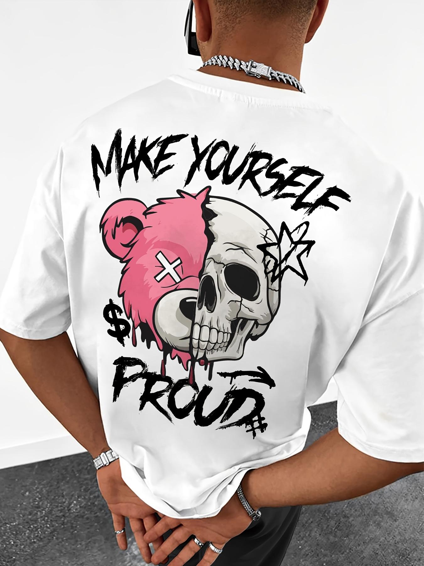 Men S Make Yourself Proud Graphic T-Shirt- Bold Lettering& Skull with Pink& Design- Casual Round Neck Short Sleeve Tee- Lightweight Summer Shirt for L