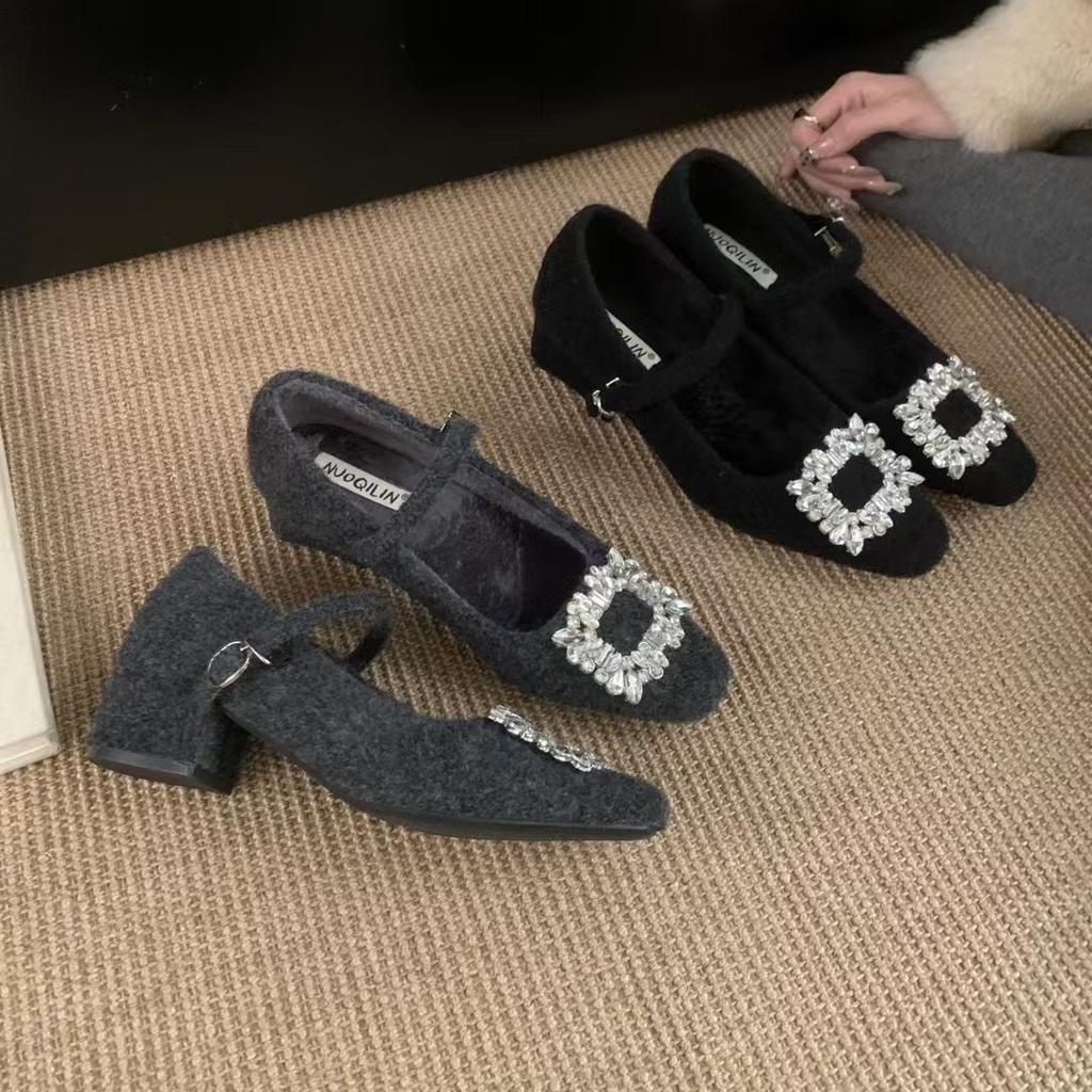 grey rhinestone thick heel Mary Jane shoes for women's winter wear new Korean version of square head woolen single shoes with velvet thermal 
