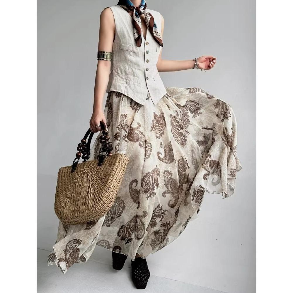 DIMANAF 2026 Summer Women New Skirts Flower Vintage Elastic Pleated Elegant White Skirts High Waist
