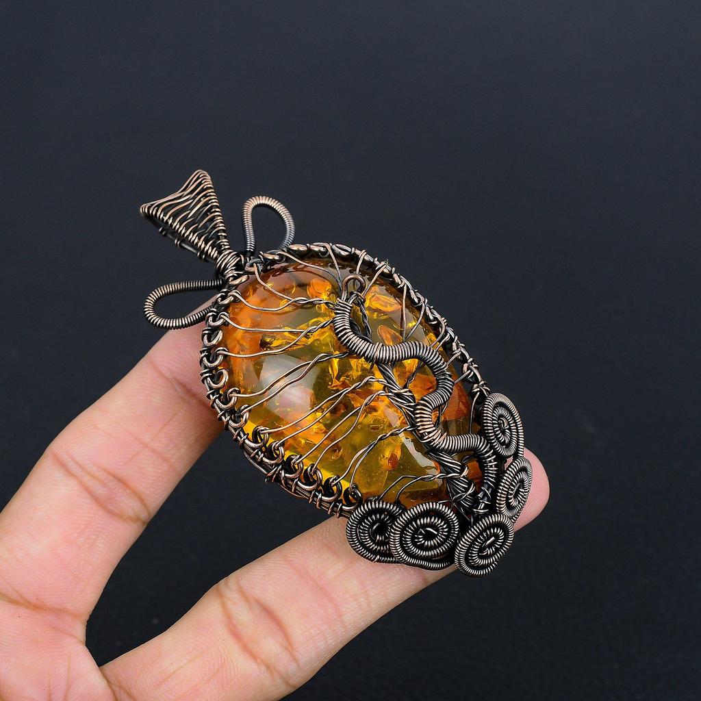 Bernsteinanhänger aus dem Baltikum, mit 999er Kupferdraht umwickeltes Edelsteinschmuckstück, handgefertigter Anhänger für den Muttertag