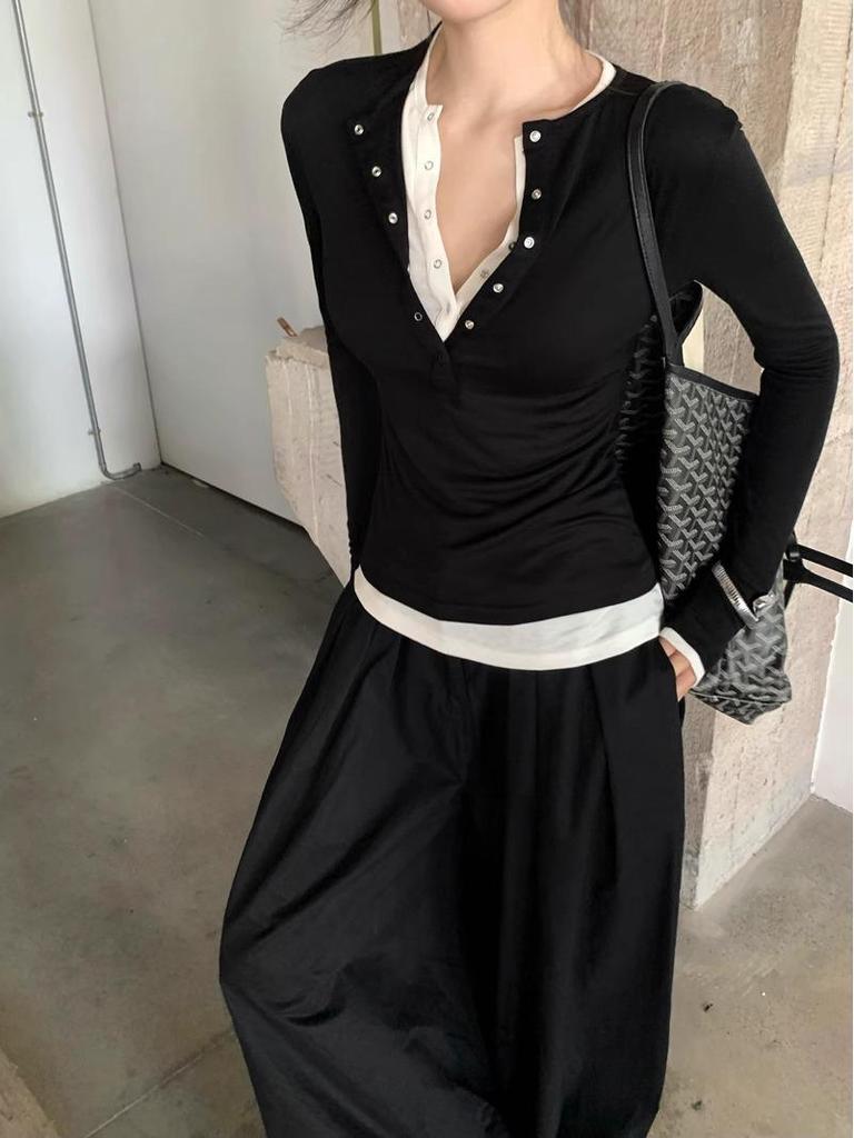 Elegant Korean Style Faux Two-Piece Long-Sleeve Women's T-Shirt, Slimming Base Layer Top - 2025 Autumn Arrival
