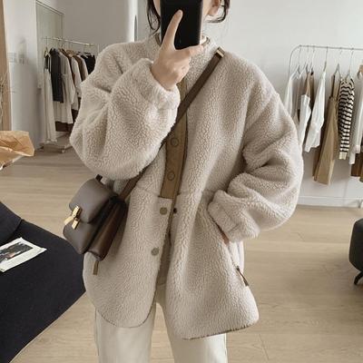 Lammwollmantel Damen Winter Neu Lockerer und Schlankmachender Stehkragen Design Sinn Nische Altersreduzierender Dicker Mantel