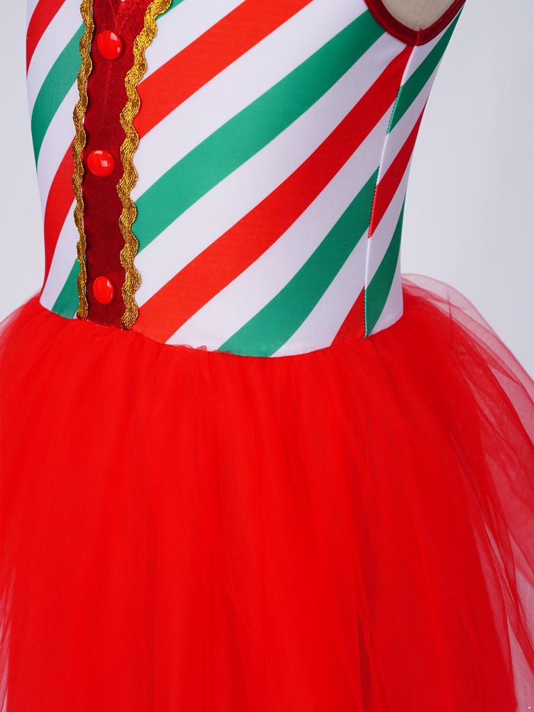 Kids Girls Christmas Costume Tulle Tutu Dress Candy Stripe Sleeveless Metallic Collar for Stage Performance Theme Party Holiday
