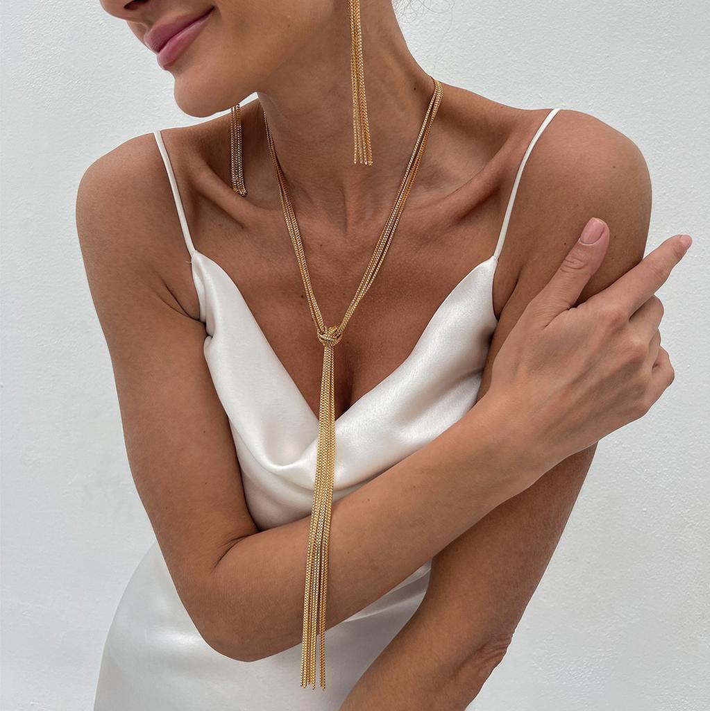 Europe and America, Long Fringed Snake Bone Chain, Neck Chain Necklace, Cold Wind Plain Chain Knotted Necklace