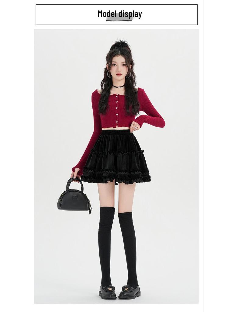 High-Waist Velvet A-Line Fluffy Skirt for Women - Autumn/Winter Collection