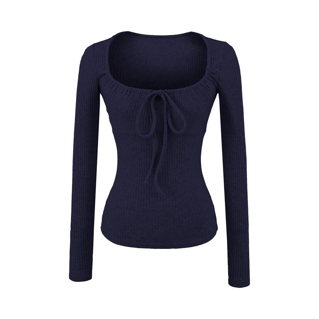 Women's Lace-Up U-Neck Slim Fit Long-Sleeve Ribbed Knit Top for Spring/Autumn