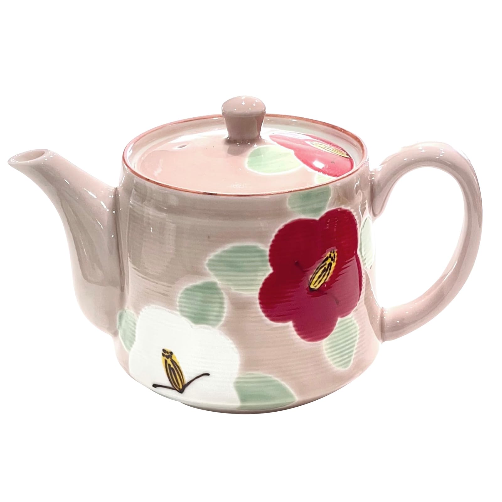 

Hasami ware teapot, hand-painted by Yamashita Touen, with a glazed camellia and floral pattern, approximately 430ml