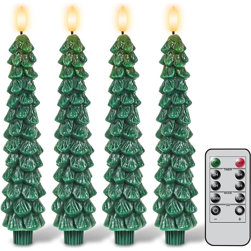 Christmas Tree Candles w/Remote Timer Paraffin Waxy Taper Candle Flickering Battery Operated LED Candlesticks 3D Flame Wick Lamp
