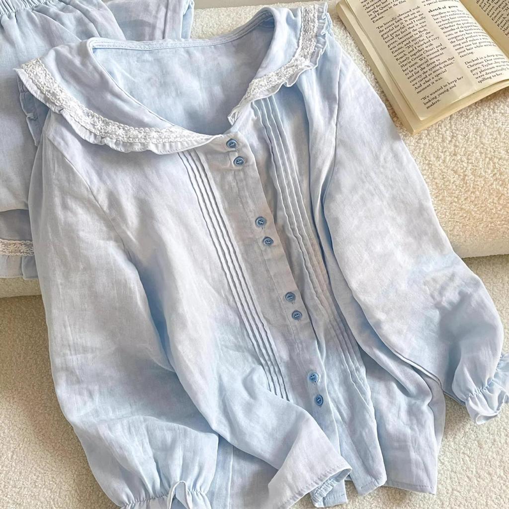 Spring & Autumn Navy-Style Collar Soft Cotton Pajama Set with Lace