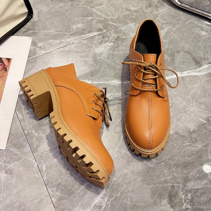 Ladies Oxford Shoes Casual Leather Shoes Women Lace-Up Chunky Heels Pumps Girls Student Retro Loafers
