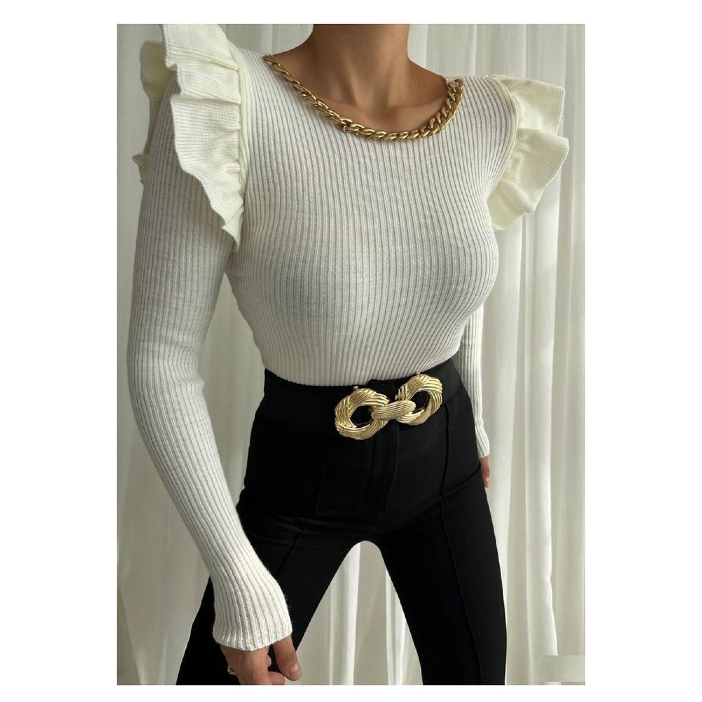 Ecru Flexible Knitwear Fabric Shoulder Stylish Design Basic Knitwear Sweater 0250