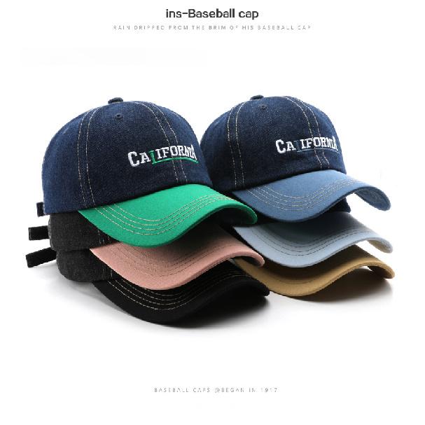 Men's baseball cap with letter embroidery, color-blocked design, and denim accents, suitable for outdoor activities, providing sun protection and