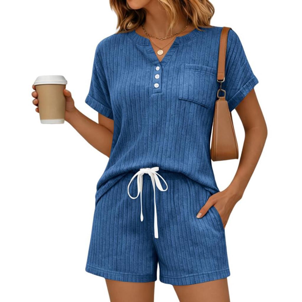 Women's Summer Fashion Casual -Color V-Neck Button-Down Short-Sleeve Top And Drawstring Pocket Shorts Two-Piece Set