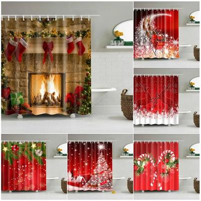 Merry Christmas Shower Curtain Christmas Home Decor Snowman Santa Claus Bathroom Curtain Polyester Fabric Bath Screen with Hoo