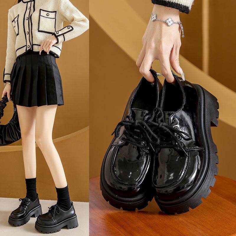 Women's Black Height-Boosting Retro Loafers - Thick Sole, British Style, 2025 Spring Collection