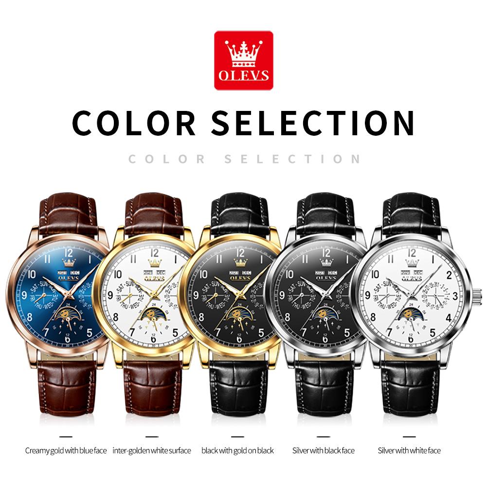 OLEVS 6698 Leder Arabische Ziffern OEM-Logo Multifunktional Mondphase Automatische Mechanische Uhr für Herren