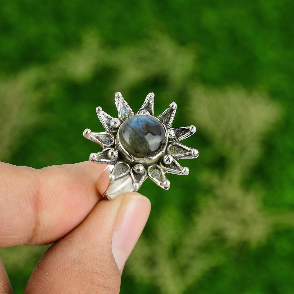 Sterling Silver Natural Labradorite Unique Statement Flower Sister Ring Jewelry