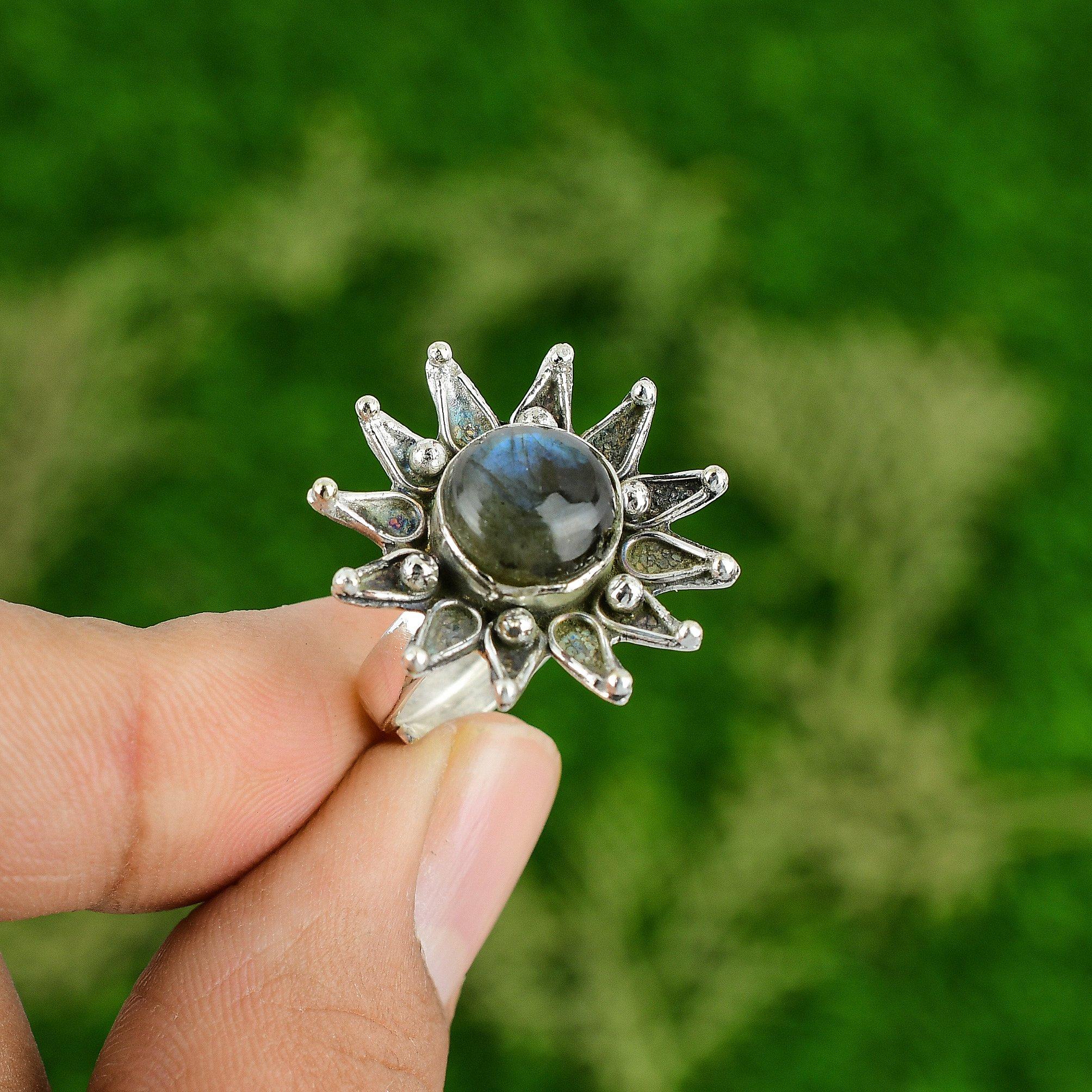 

Серебро 925 пробы Натуральный лабрадорит Уникальное кольцо-цветок для сестры Adjustable