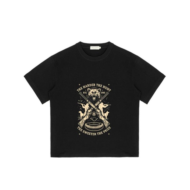 Black T Shirt With Bear And Crossed Guns Graphic And The Harder The Hunt The Sweeter The Prize Text For Casual Wear