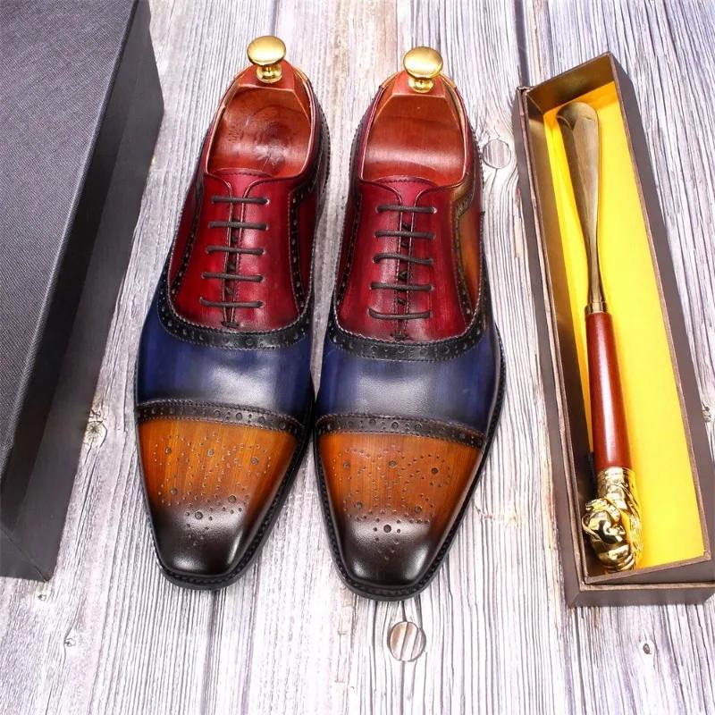 2024 Luxury Brogue Handmade Mens Dress Shoes Calf Leather Cap Toe Oxford Colorblock Lace Up Wedding Party Formal Shoes for Men