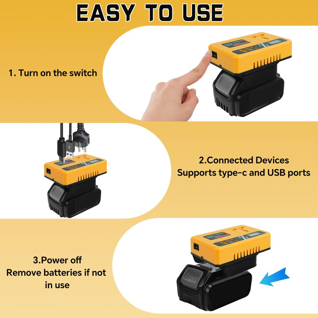 Portable Intelligent Inverter DC 20V to AC 110V-220V 120W USB&Type-c Power Station Generator For Dewalt 20V Battery Pin Adapter