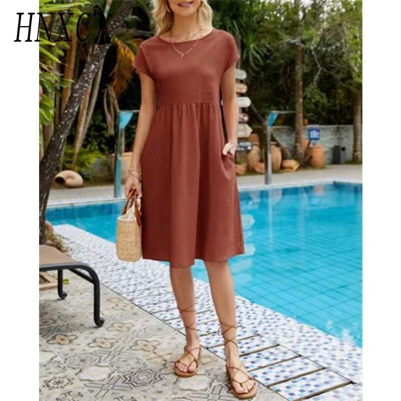 HNXC Women's Fashion Summer Spring Solid Color Print O-Neck High Waist Casual Dresses
