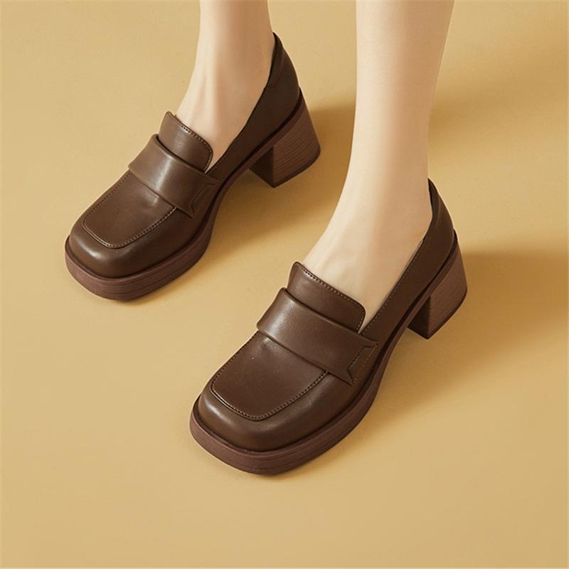 Black small leather shoes women's autumn new thick heel high heel one pedal casual versatile single shoes women