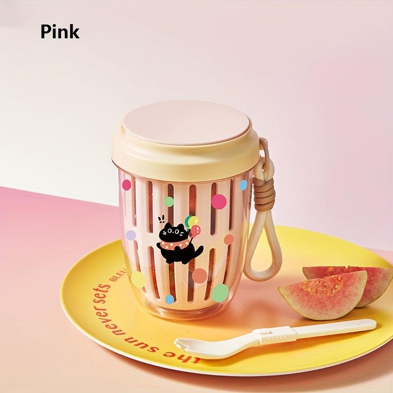1pc Leak Proof Portable Salad Cup with Fork Large Capacity Drainable Fruit Container,Ventilation Holes Colorful Cartoon Design for Office,School