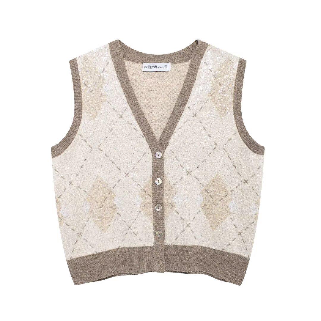 

2024 Autumn Women s Retro Diamond Pattern Knit Vest S
