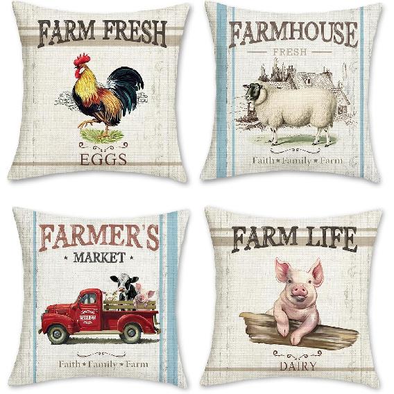 Bonhause Vintage Farmhouse Animals Throw Pillow Covers 18 X 18 Inch Rooster Pig Sheep Retro Truck Pillows for Couch Sofa Home Decor Set of 4
