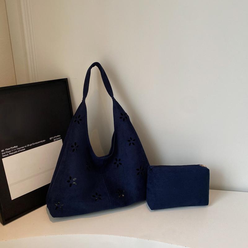 Faux Suede Women's Hollow Flower Shoulder Bags Matte Leather Female Underarm Bag Vintage Large Capacity Female Tote Handbags