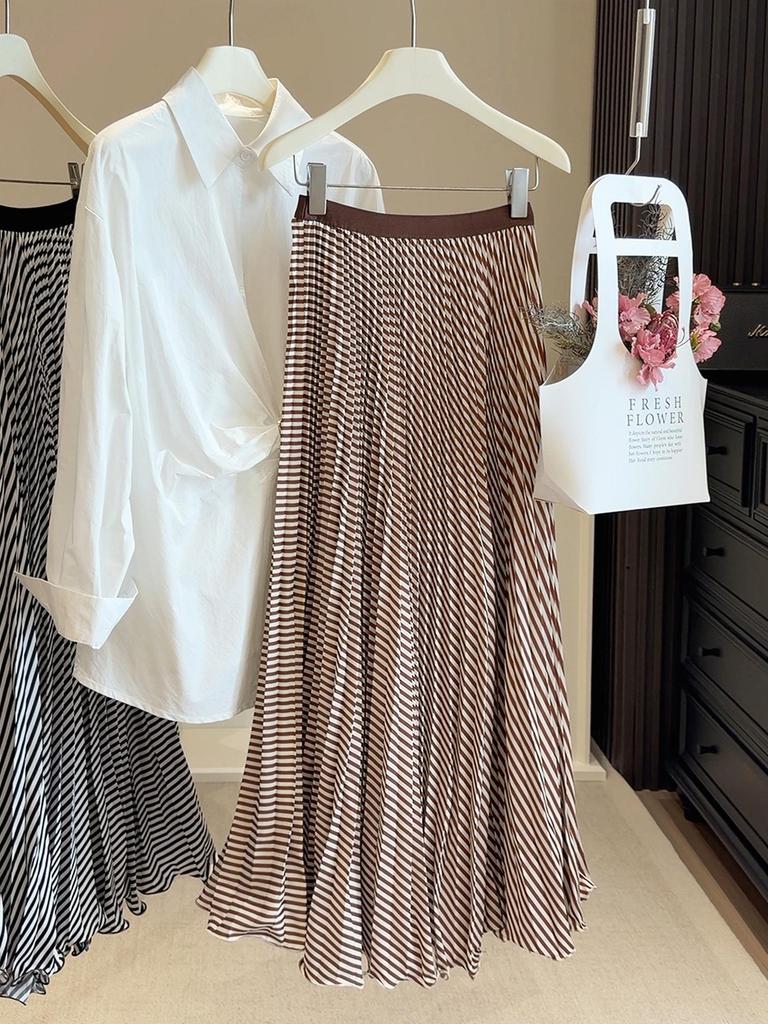 2026 Spring/Summer Women's Slimming High-Waisted Striped Chiffon Pleated Skirt