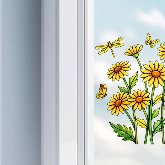 Forårsblomster Vinduesklistermærke, Gule Vilde Blomster Sommerfugle Guldsmede Vinduesklistermærke, Anti-Kollision Genanvendelig Statisk Glas Klistermærke til Hjemmekontor