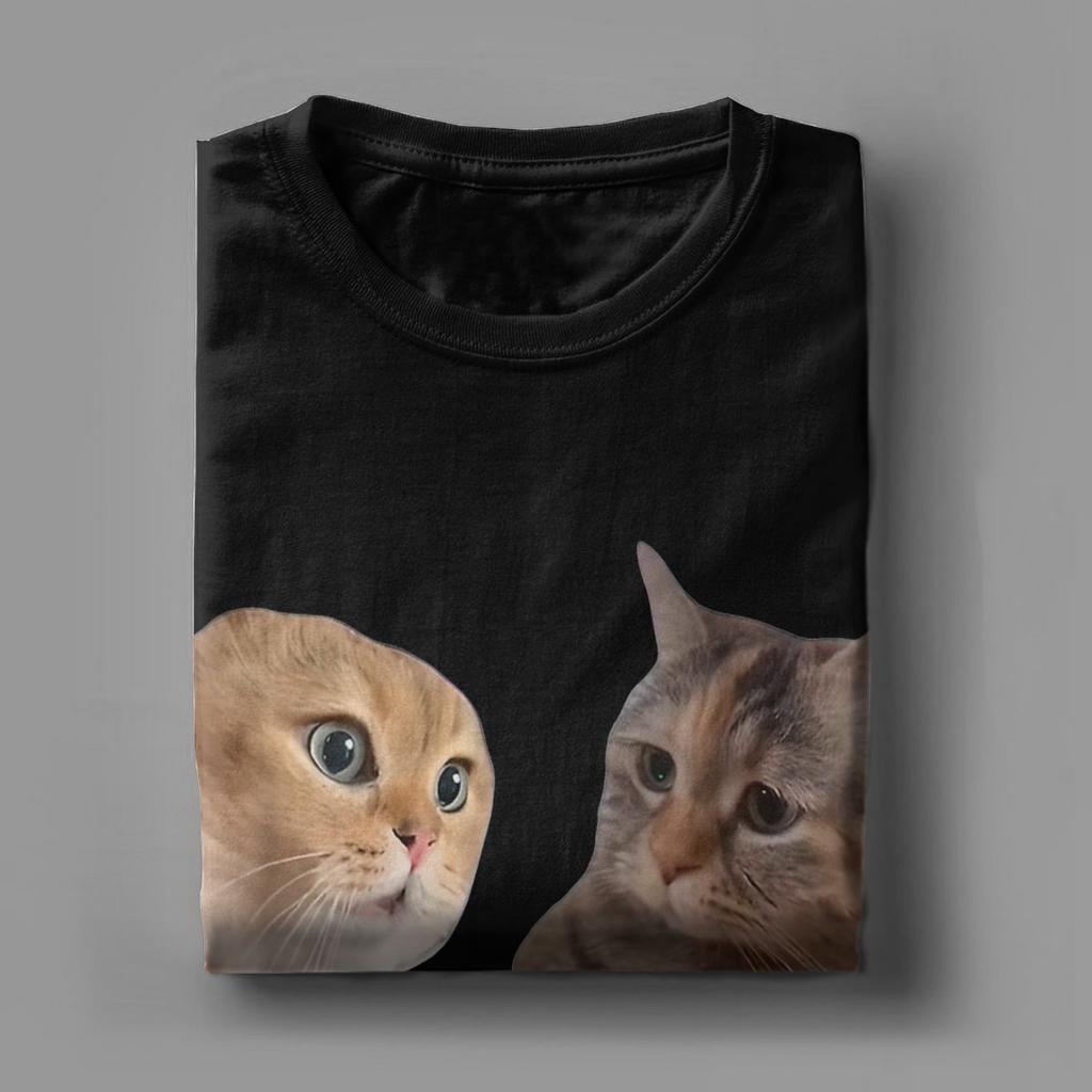 Two Cats Talking Meme T-Shirts for Men Sad Cat Mewing Vintage 100% Cotton Tee Shirt Crewneck Short Sleeve T Shirt Summer Tops