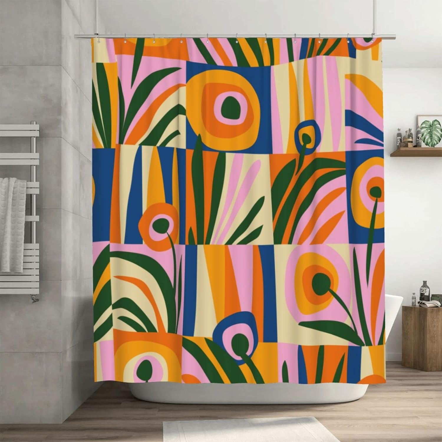 Abstract Geometric Boho Shower Curtains for Bathroom, Cute Blue and Green Floral Bathroom Shower Curtain, Vintage Bath Curtain 90x180CM