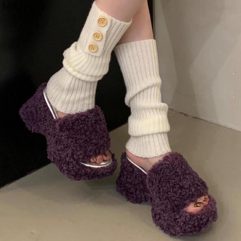 Women's Open Toe Platform Slide Sandals Chunky Heel Summer Fur Flip Flops Fashion Height Increasing Casual Shoes Pantuflas Mujer