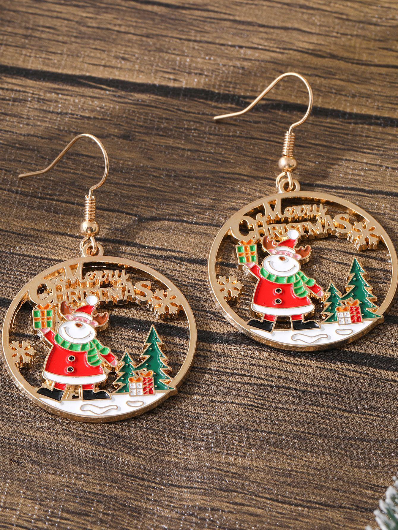 Snowman & Santa Claus Christmas-Themed Golden Round Dangle Earrings