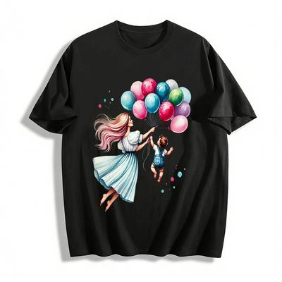 Mother And Baby Balloon Print Casual Loose Fit Top For Family Pure Cotton T-shirt