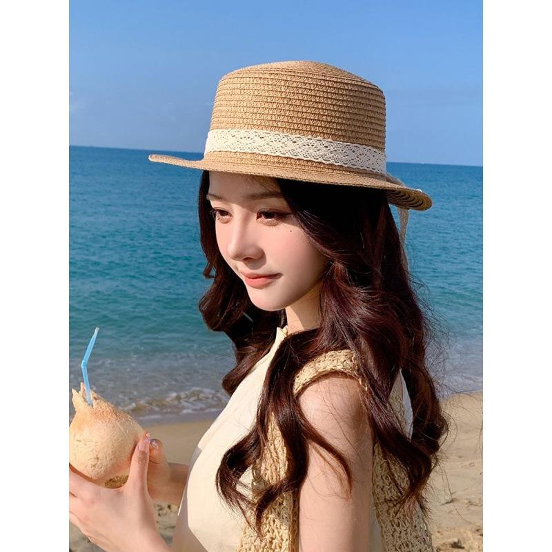 Flat Top Hat Female Internet Celebrity Crochet Top Hat Summer Big Brim Visor Hat Seaside Vacation Woven Bucket Hat