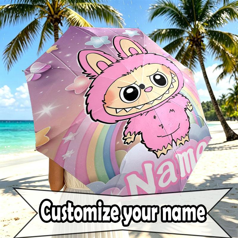 Custom Name Personalized Labubu Print Umbrella, Auto Open Close, 8‑Rib Sturdy Frame, Commute Camping Hiking Use, Birthday Gift