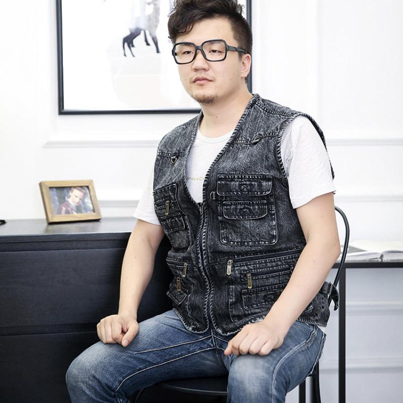Plus Size Mens Denim Jacket Casual Coat Many Pocket Sleeveless Waistcoat Spring Autumn Portable Loose Vest Male Clothing