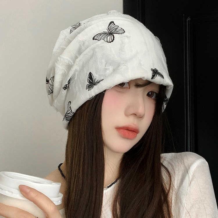 Butterfly embroidery pile hat autumn and winter hat women's retro versatile warm bag head hat showing face small cold hat