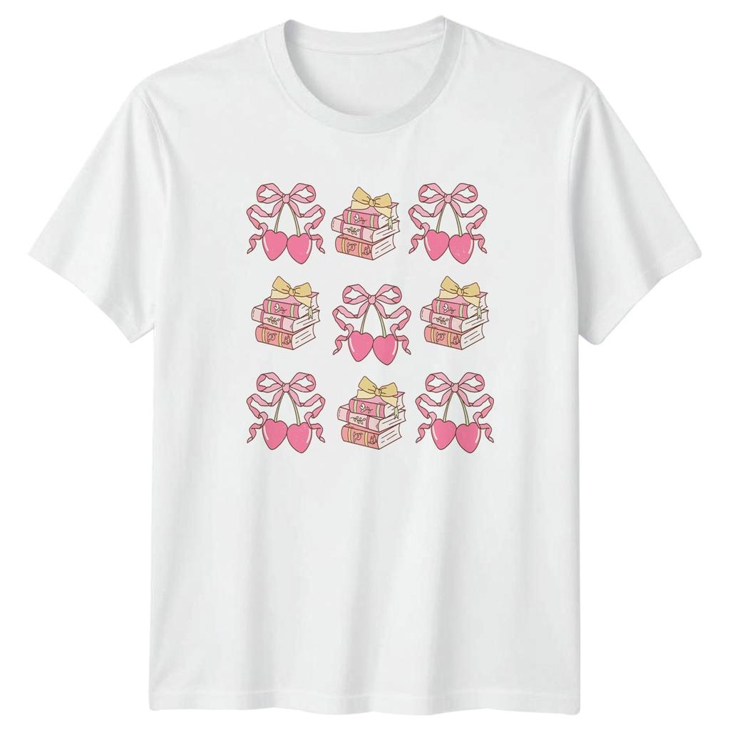 Pink Bow Hearts Book Stack Pattern Unisexs TShirt Coquette Aesthetic Reading