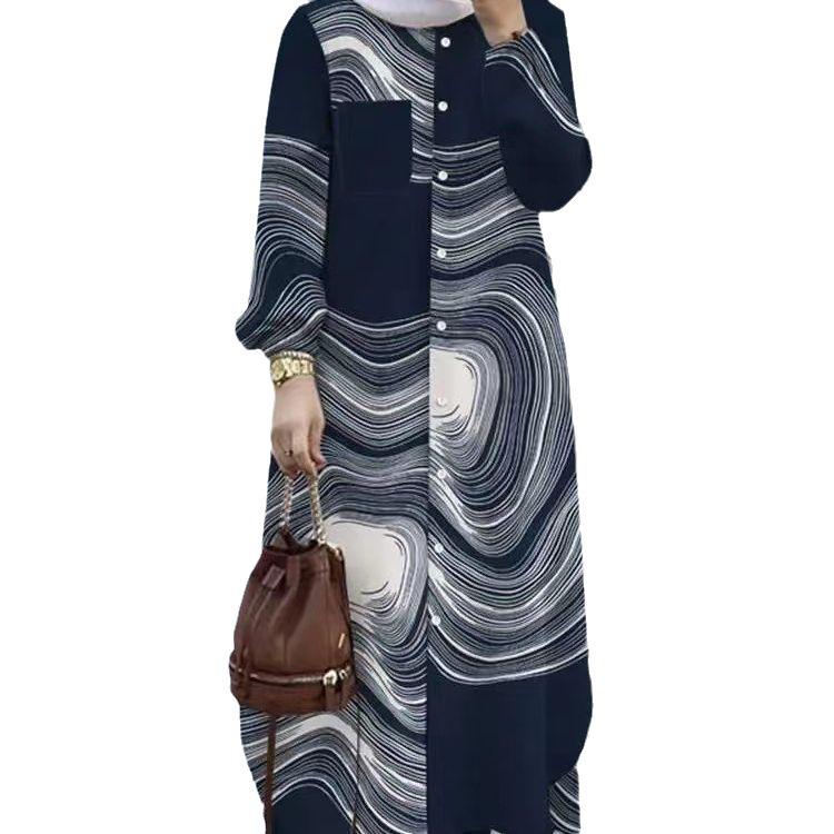 Middle Eastern Women's Long Sleeve Printed Cardigan Robe Dress