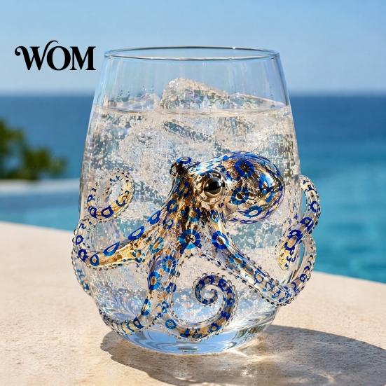 Unique Coastal Style Drinking Glass 12oz Octopus Water Cup, Embossed Design, Hand Painted Marine Gift for Ocean Lovers Home Bar Decor Cup