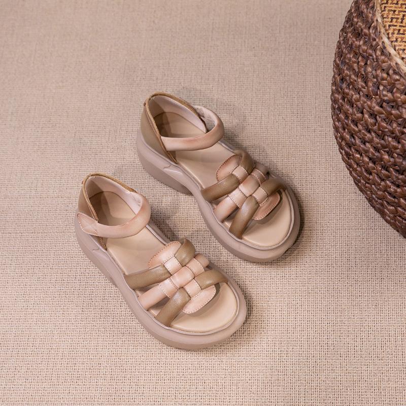 

Босоножки из коровьей кожи первого слоя женские лето 2025 новые кожаные спортивные ретро этнический стиль липучка платформа женская обувь 40 абрикосовый