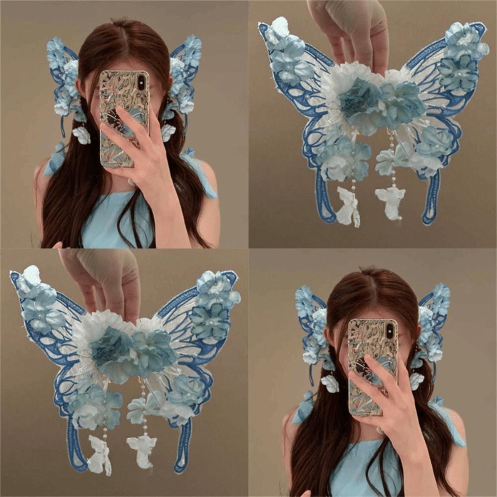 2pcs/set Elegant Hair Clip Ancient Style Tassel Hairpin Flower Silk Headwear  For Women Girls