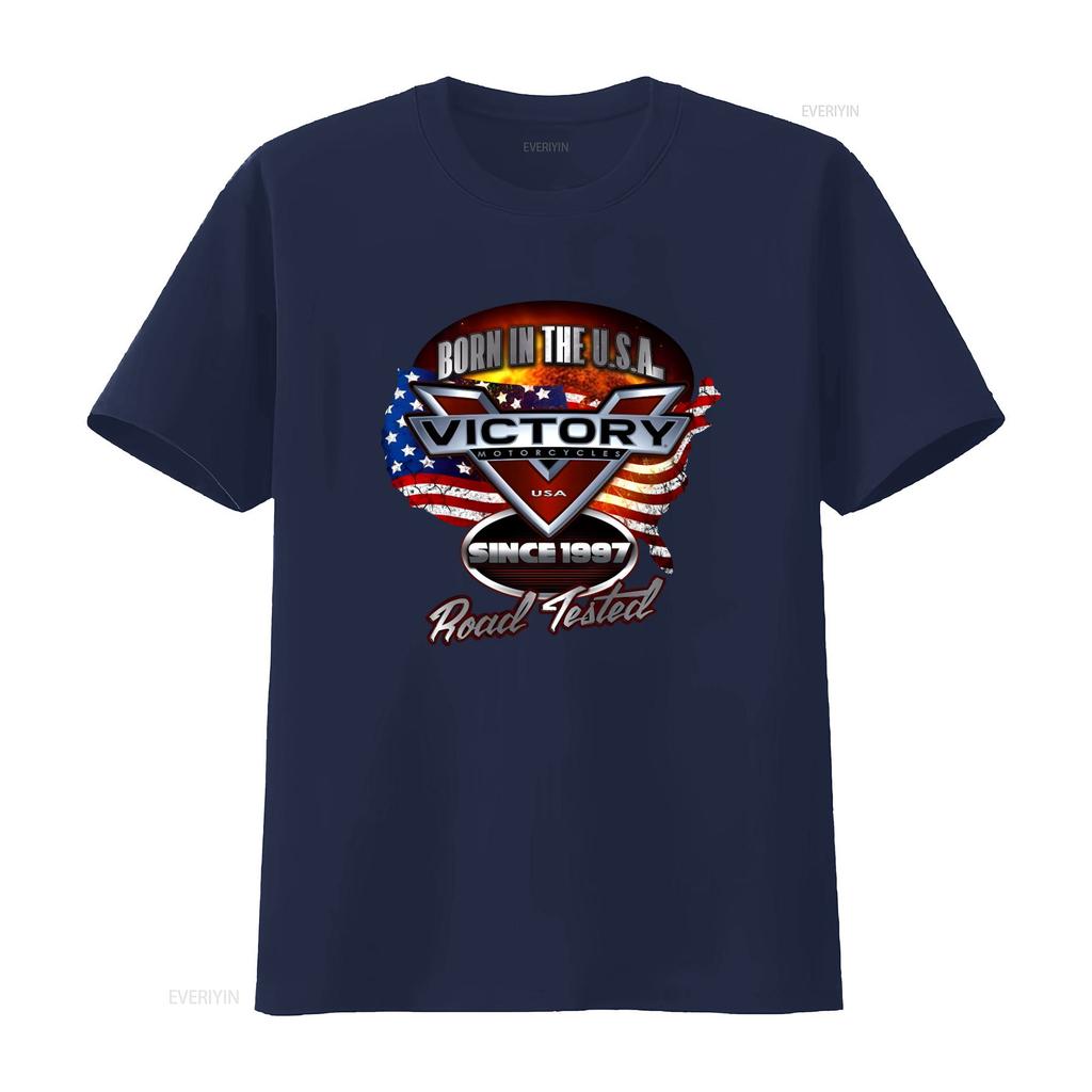 Born In The U S A Victory Motorcycle Softstyle T Shirt Since 1997 Road Tested USA Flag Design Vintage Washed Casual Soft