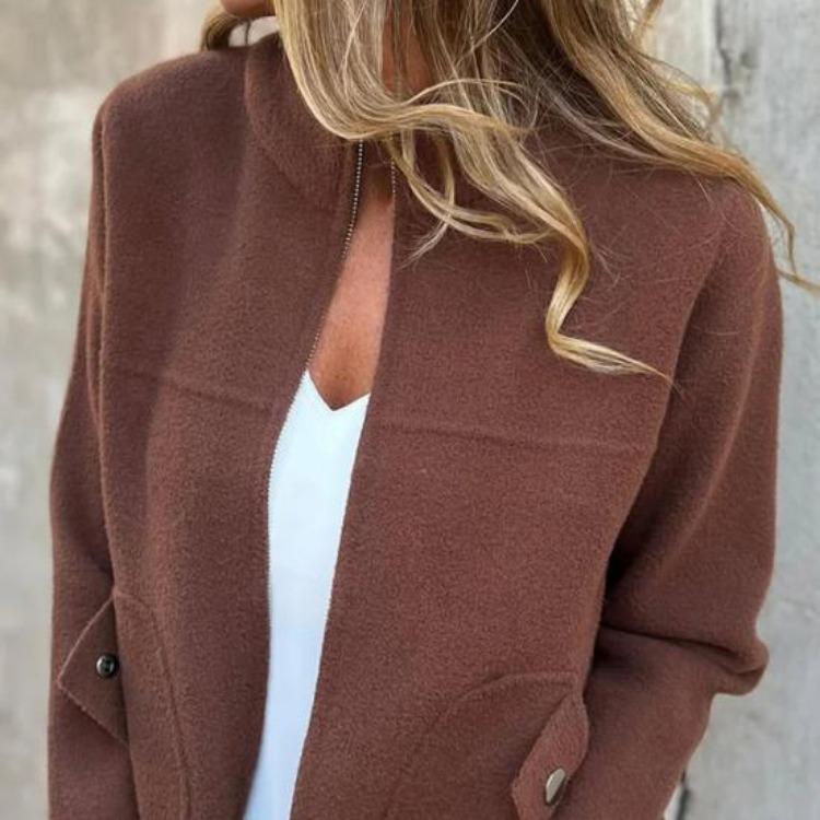 Women Woolen Coat Stand Collar Lightweight Warm Jacket Long Sleeve Solid Color Daily Wear with Pockets